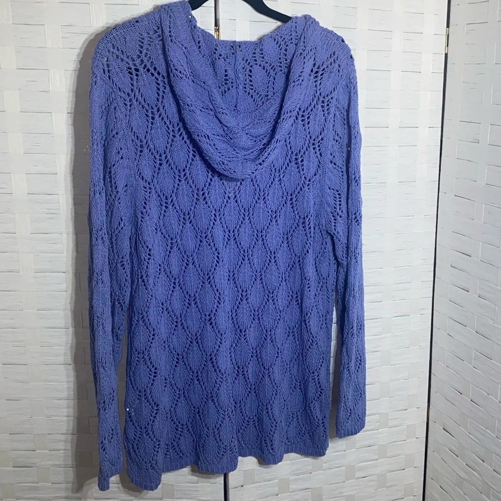 Sigrid Olsen Periwinkle V Neck Hooded Crochet Long Sleeve Top Size XL - Picture 7 of 11